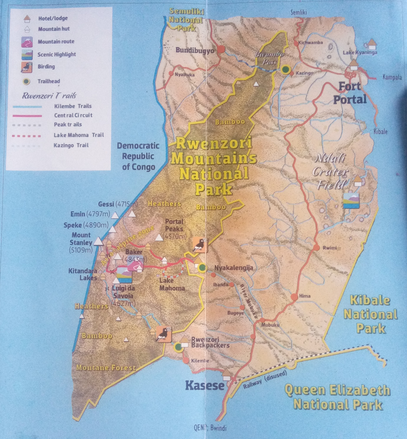 Map of Rwenzori, showing the size of Rwenzori Mountains National Park and its location.