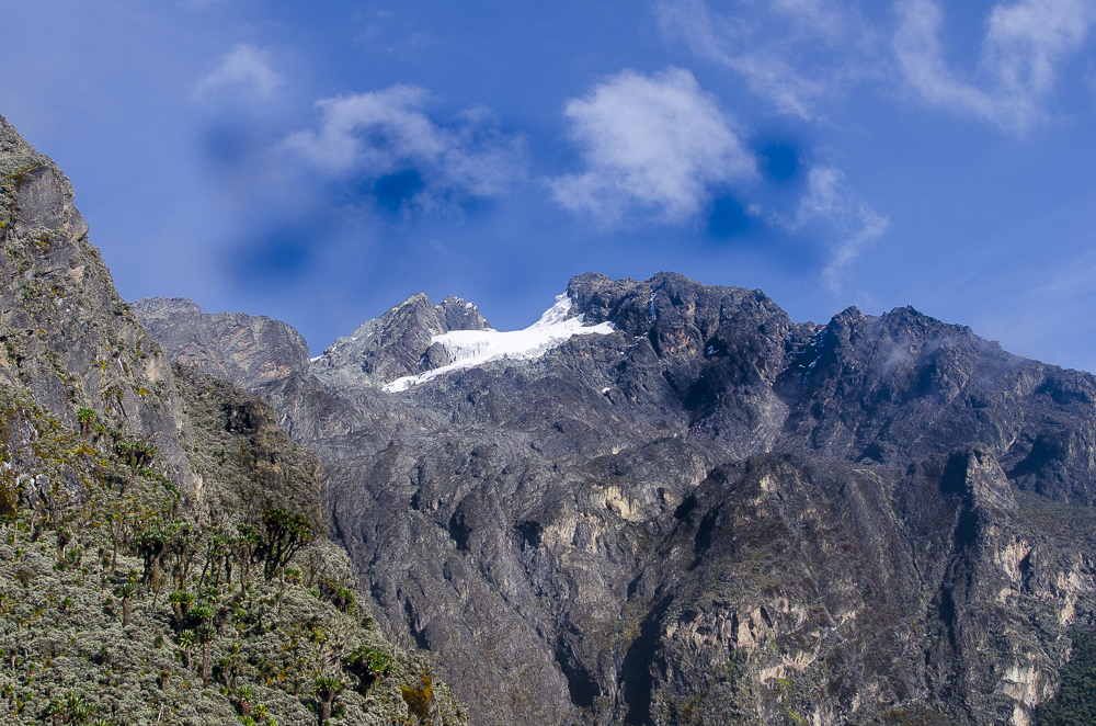 A closer view of reducing glacier on top of Mountain Rwenzori, part of what to study on Rwenzori Mountain formation.